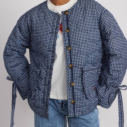 black Reversible Gingham floral ruffle trim Quilted jacket for wholesale on Faire
