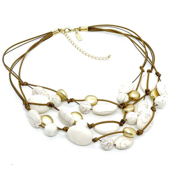 White Magnesite And Matte Gold Pebble Bead Toursade Necklace for wholesale by Deborah Grivas Designs