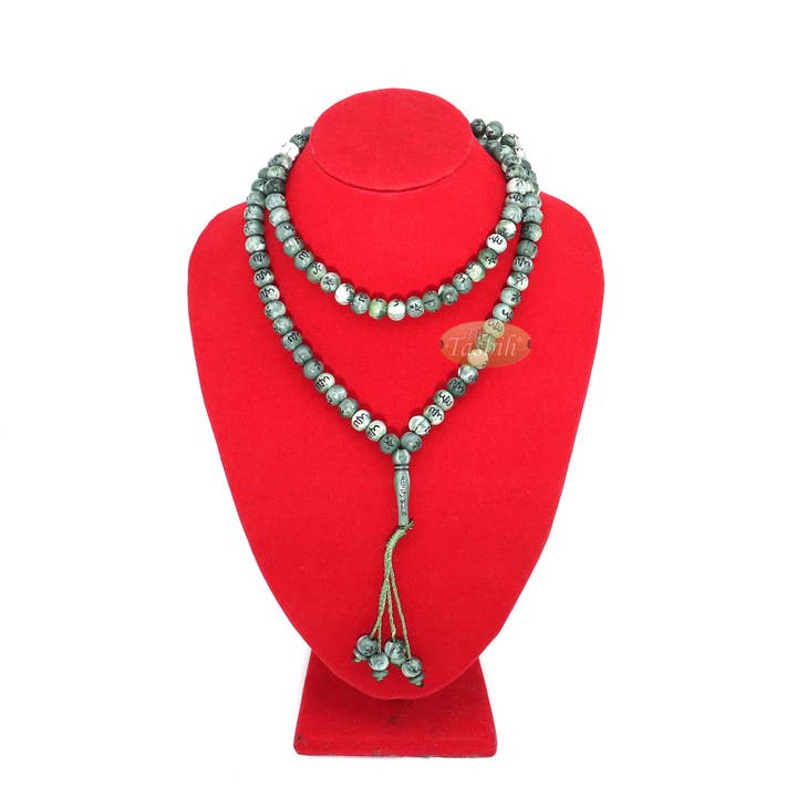 IndoMode – wholesale Bönehalsband – Stor marmor grön plast 10mm islamisk Tasbih svart Allah Muhammad bön pärlor