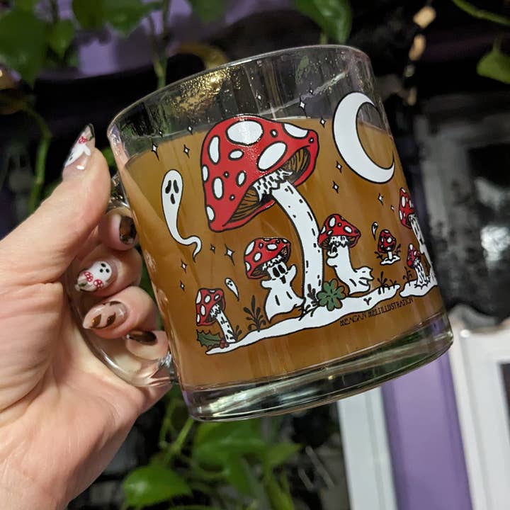 Meagan Meli Illustration - Wholesale Coffee Mug - Ghost Mushrooms in the Snow Glass Mug4