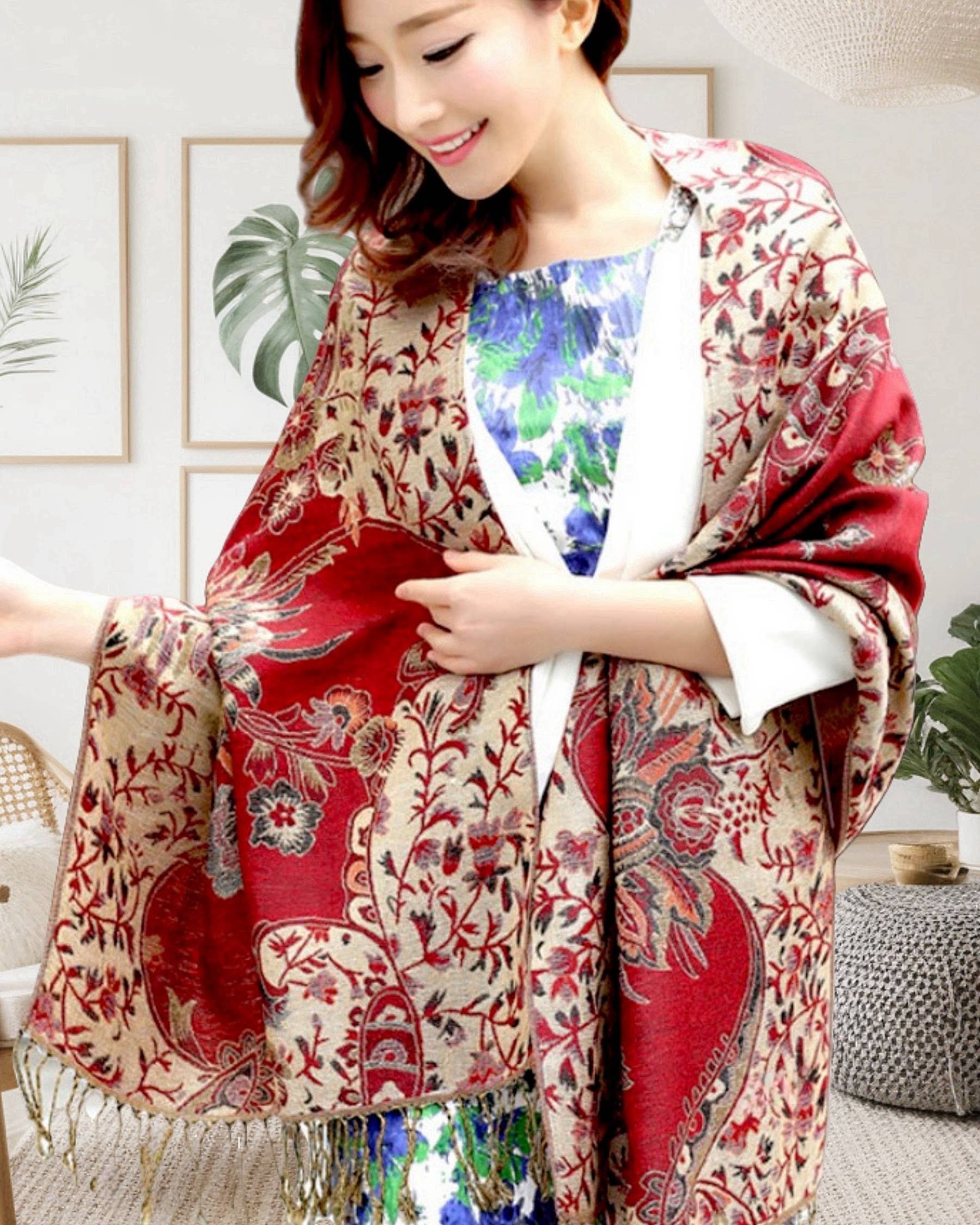 JC Sunny Fashion - Wholesale Scarf - Women's - JCP25002 Stunning Vibrant Metallic-Thread Floral Pashmina Scarf2