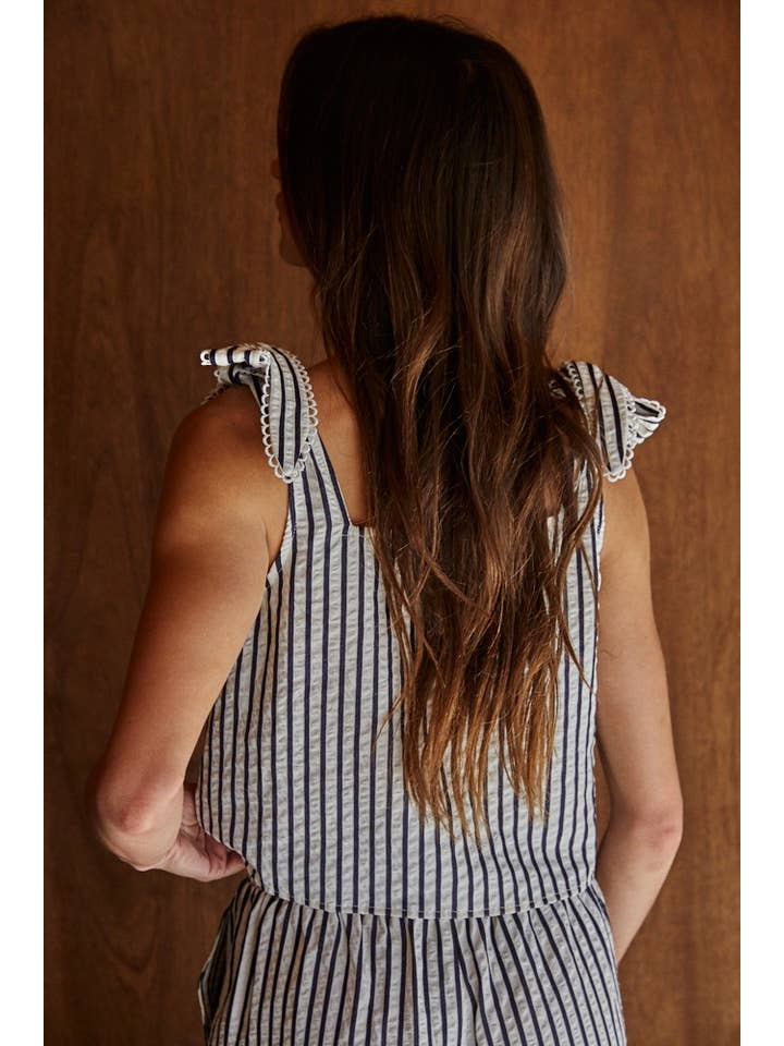 Ivory Denim L8477 | Woven Striped Sleeveless Tie Strap Crop Top for wholesale on Faire