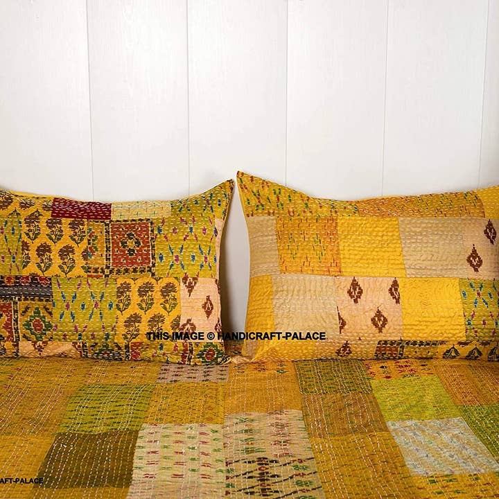 GYPSY STUDIO - Vente Courtepointe - Couvre-lits Kantha en soie indienne taille king patchwork Patola marron2