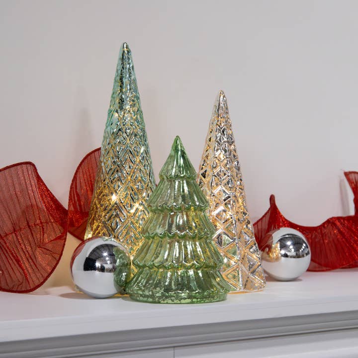 LumaBase - Wholesale Christmas Decoration - Battery Operated Green & Silver Trees - Set of 31