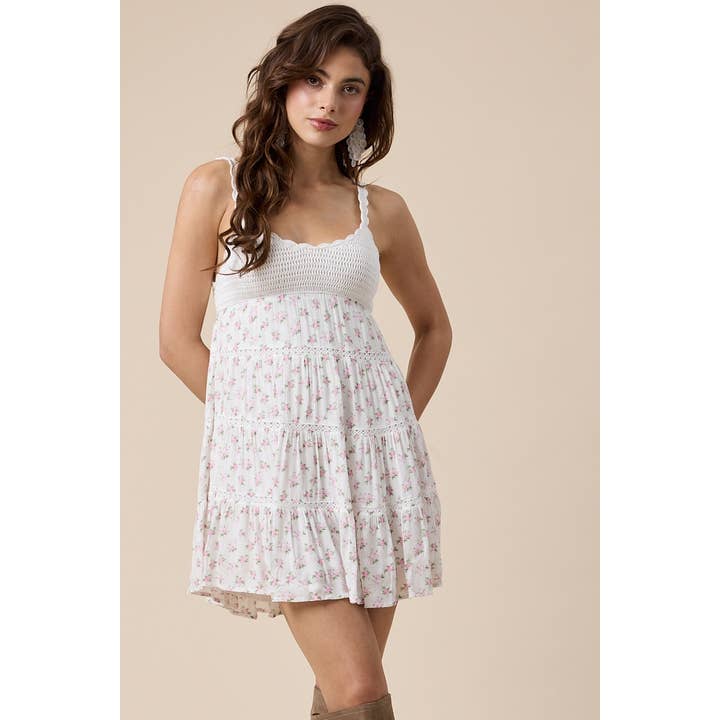 PINK FLORAL CROCHET BUST SCALLOP CUT MINI DRESS for wholesale by Sky to Moon