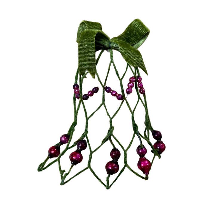 Vintage Wire Bell with Purple Beads and Green Velvet Bow for wholesale by Yozo Studio