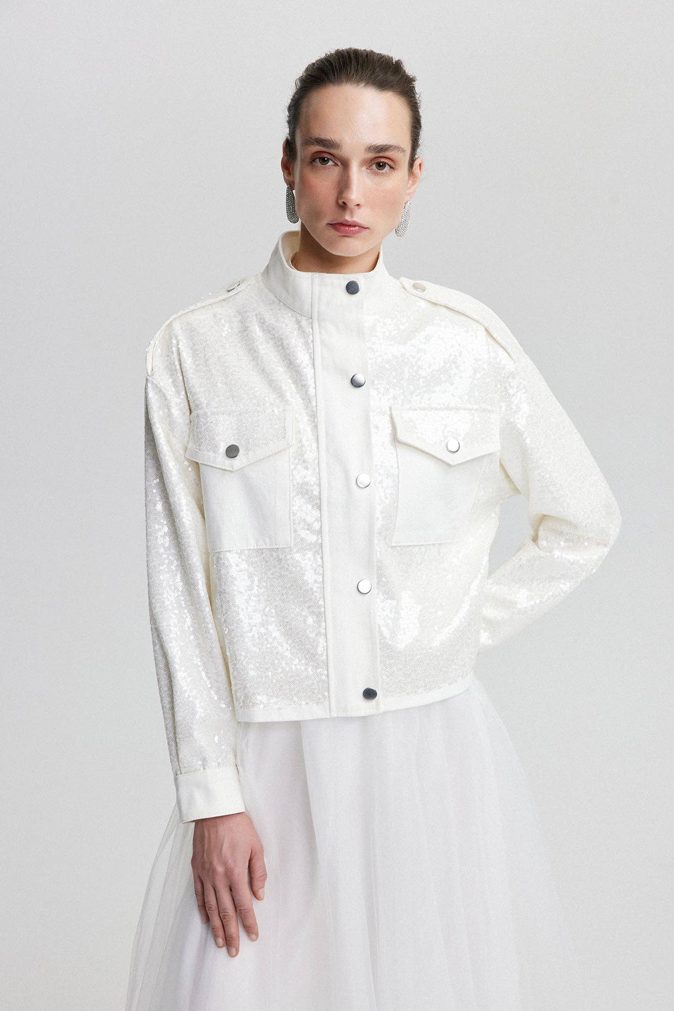 Ecru SEQUNIED CROP JACKET for wholesale on Faire0