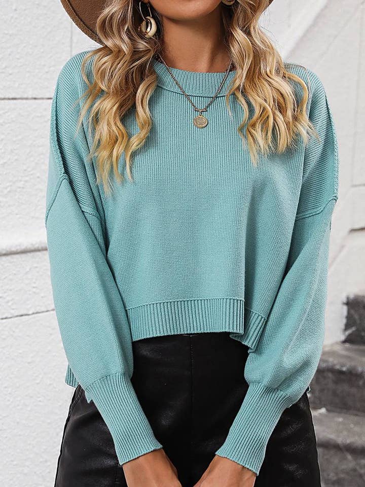 HIDDENBRAND - Wholesale Knit Sweater - Women's - Crewneck Cropped Loose-Fitting Pullover Sweater