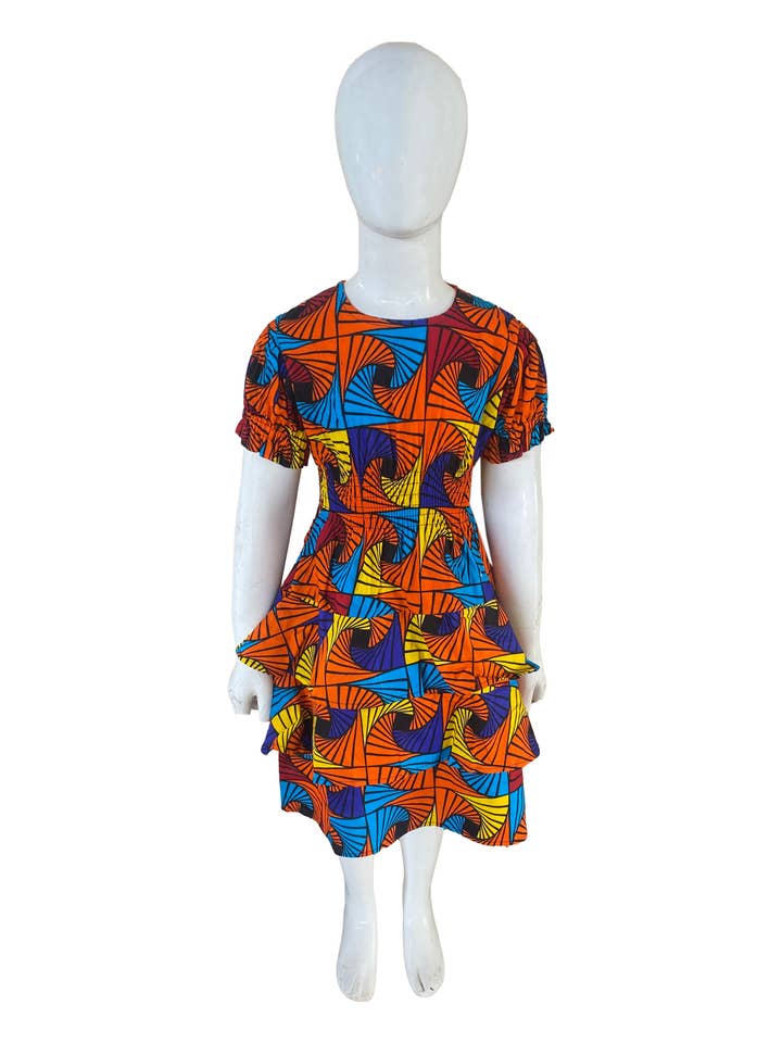 Girls Ankara Dress Three Layer Hem with Matching Hair Band (Pack of 6 Pieces) for wholesale by Satsuma Wholesale