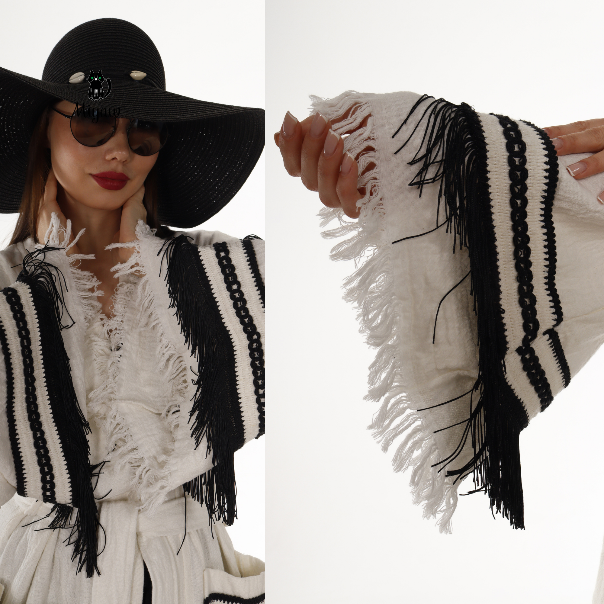 White Kimono Robe with Black Fringe – Boho Western Style for wholesale on Faire2