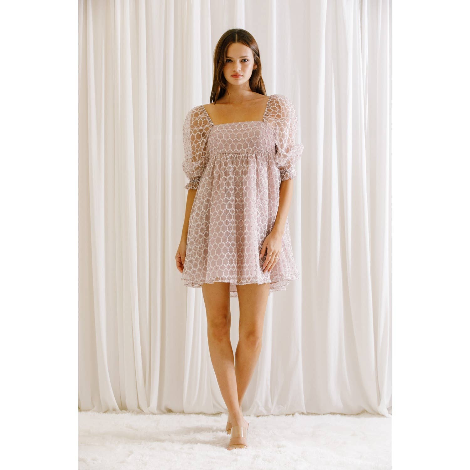 DUSTY PINK JD2443-5- EMBROIDERED TINY DAISIES BABY DOLL DRESS for wholesale on Faire2