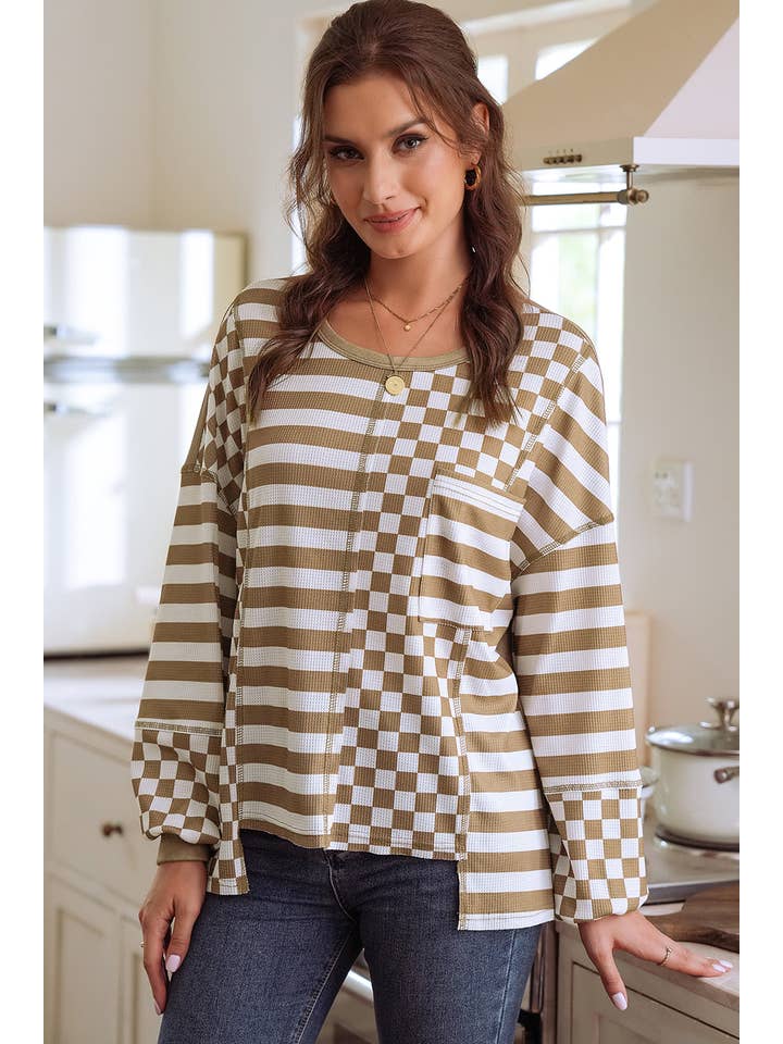 1 the Woman - Wholesale Blouse - Women's - Checkerboard Patchwork Lantern Sleeve Pocketed Blouse |S-4X