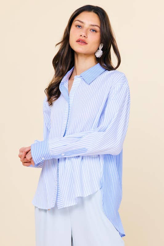 White Blue Striped Relaxed Button-Down Shirt for wholesale on Faire1