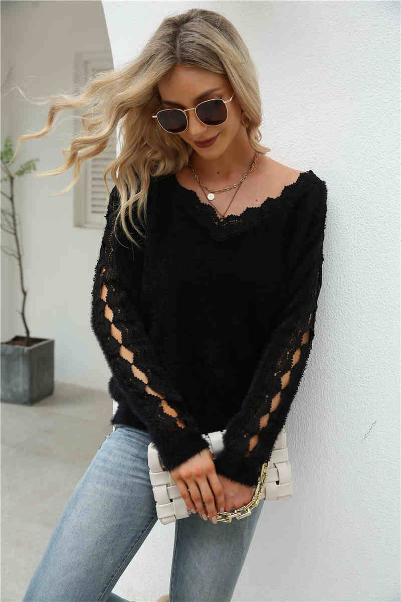 ePretty - Vente Pull en maille – femme - EP-SW7097 Pull à bordure en dentelle floue5