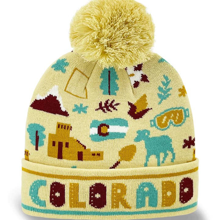 Colorado Knit Beanie Winter Hat with Mountain Icons Skiing Design Pom Pom for wholesale by Northern Icons Creations INC