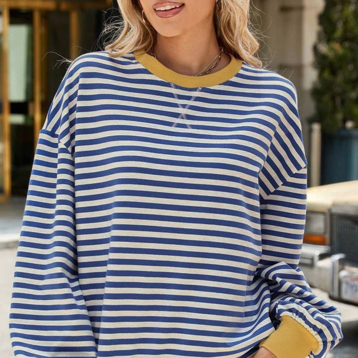 Rosa Clothing - Wholesale Sweatshirt - Women's - Classic Striped Oversized Crewneck Sweatshirt9