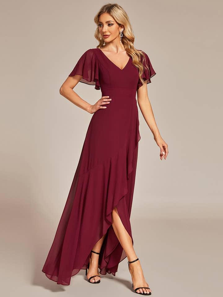 Ever-Pretty - Wholesale Gown – Women's - V Neck High Low Ruffles Chiffon Bridesmaid Dress12