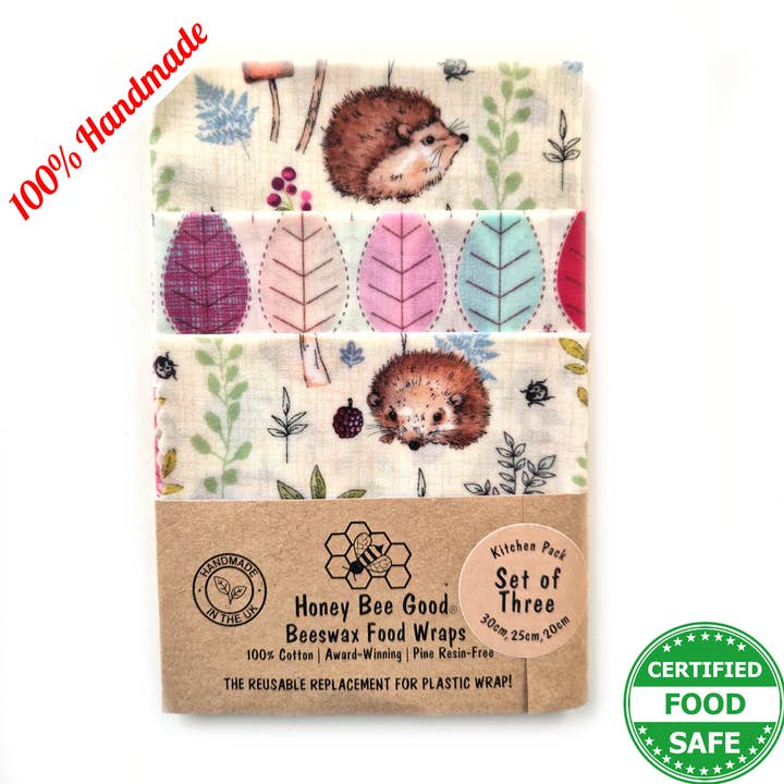 3 (L,M,S) HANDMADE Beeswax Wraps | Hedgehogs for wholesale by Honey Bee Good