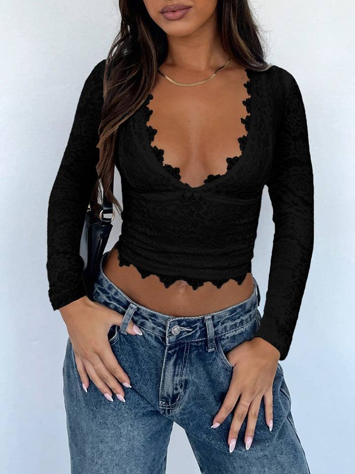 Hope & Sunshine - Wholesale Blouse - Women's - Deep V Lace Hollow Out Top For Women