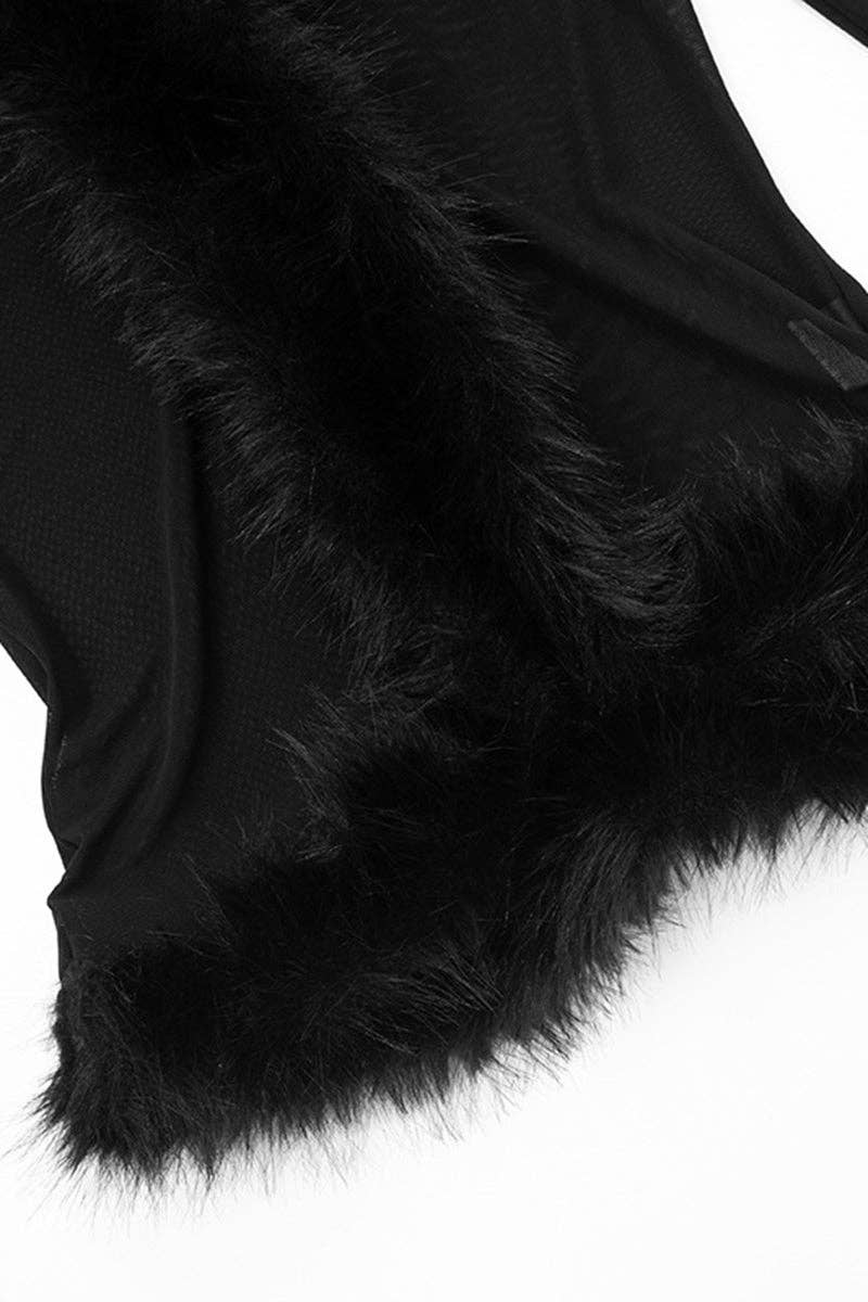 BLACK Faux Fur Trim Sheer Long Sleeve Blouse for wholesale on Faire8