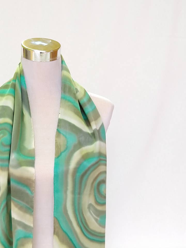 Green satin hand painted silk scarf medium size for wholesale by CONCHA BLANCH