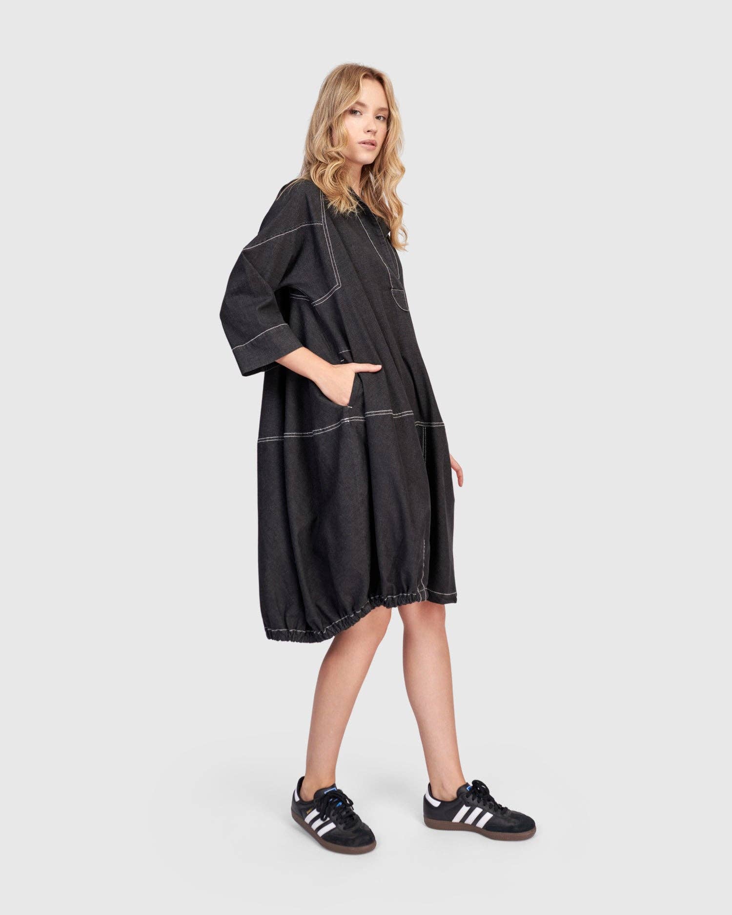 Panama Oversized Shirt Dress, Black Denim for wholesale on Faire3