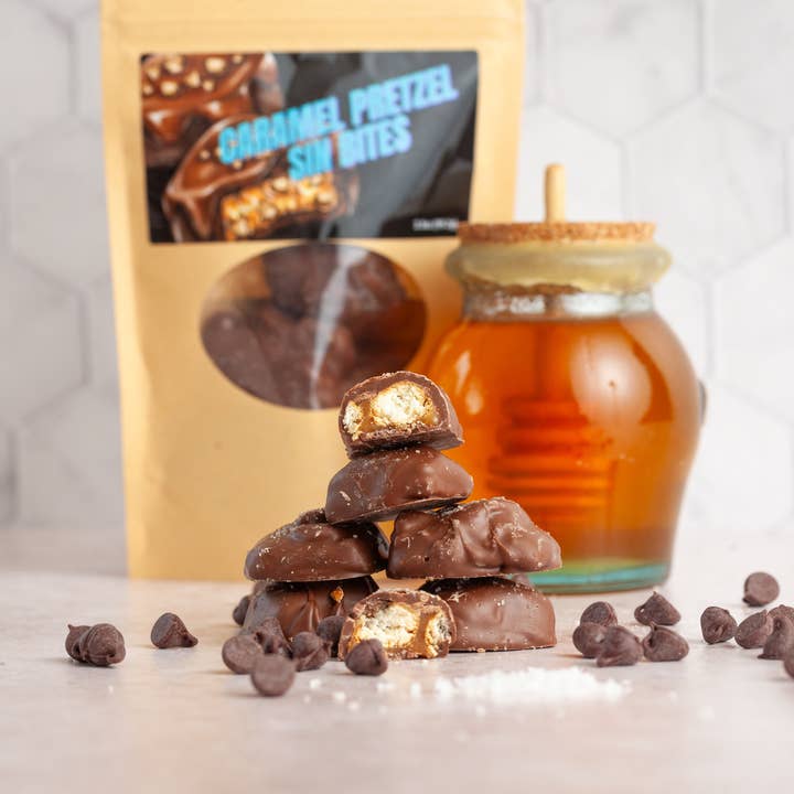 Péchés Gourmands : Chocolat Caramel Bretzel et Sel de Mer pour la vente par Marie's Bees