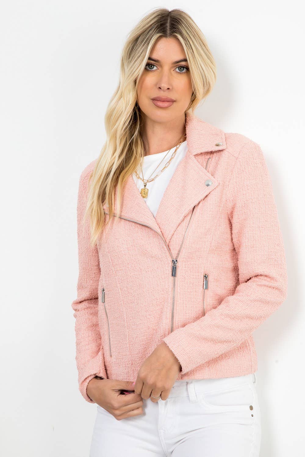 26 International - Wholesale Jacket - Women's - Solid Boucle Long Sleeve Moto Jacket16