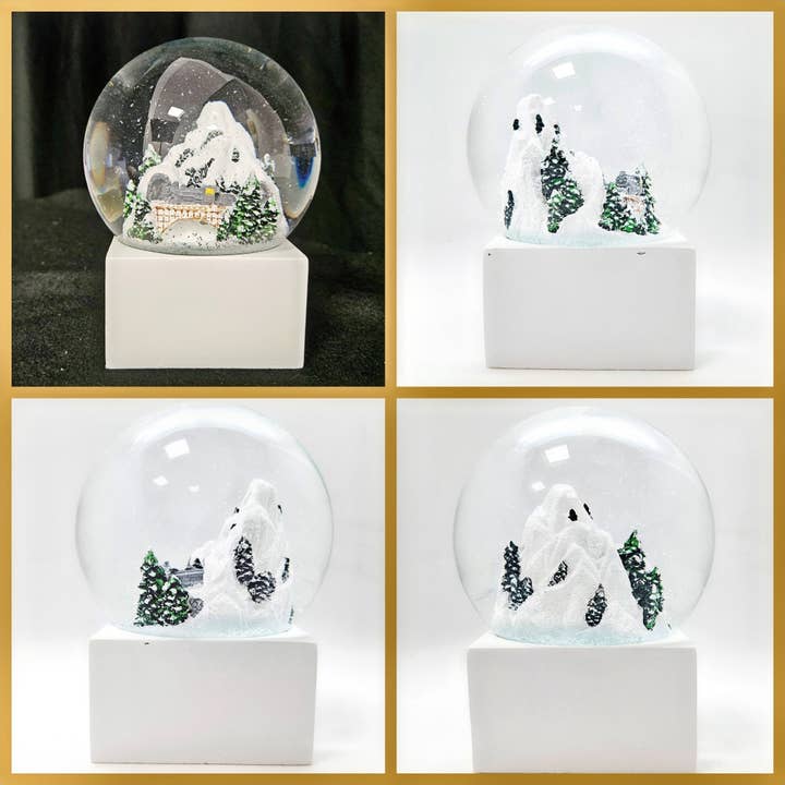 Schneekugelhaus - Wholesale Snow Globe - Snow globe mountains with bridge on white square base1