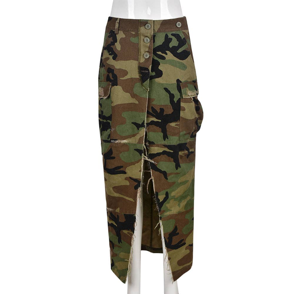 MB FASHION High-Waisted Camo Cargo Skirt with Slit 8805LY for wholesale on Faire3