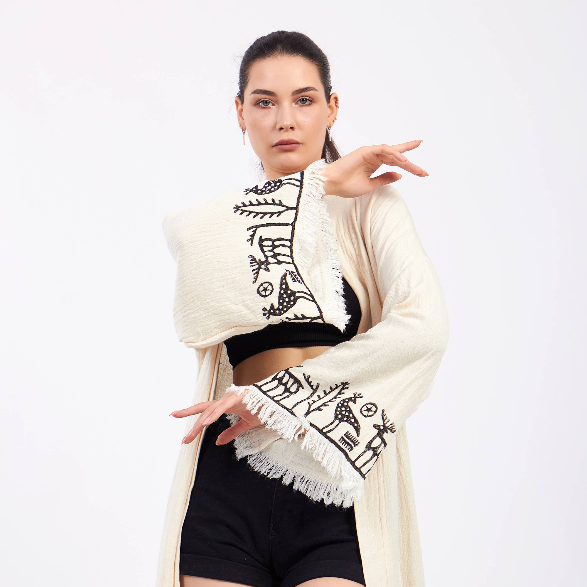Yaz Concepts - Vente Kimono – femme - Peignoir kimono blanc en coton à motif primitif biologique turc8