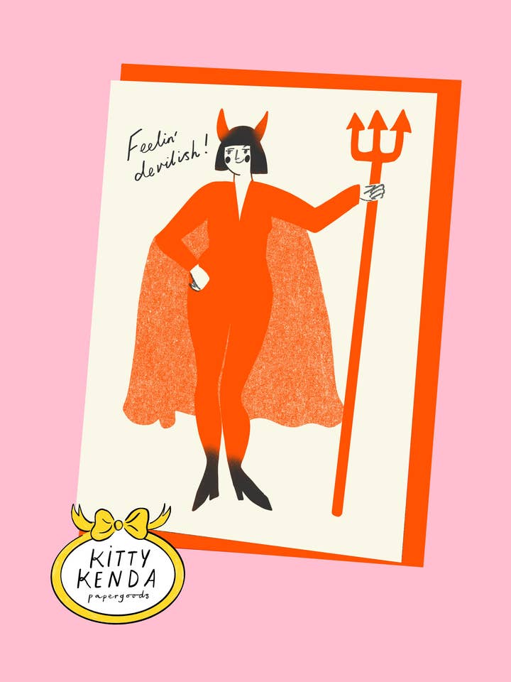 Feelin' Devilish Halloween Greeting Card for wholesale by Kitty Kenda Papergoods