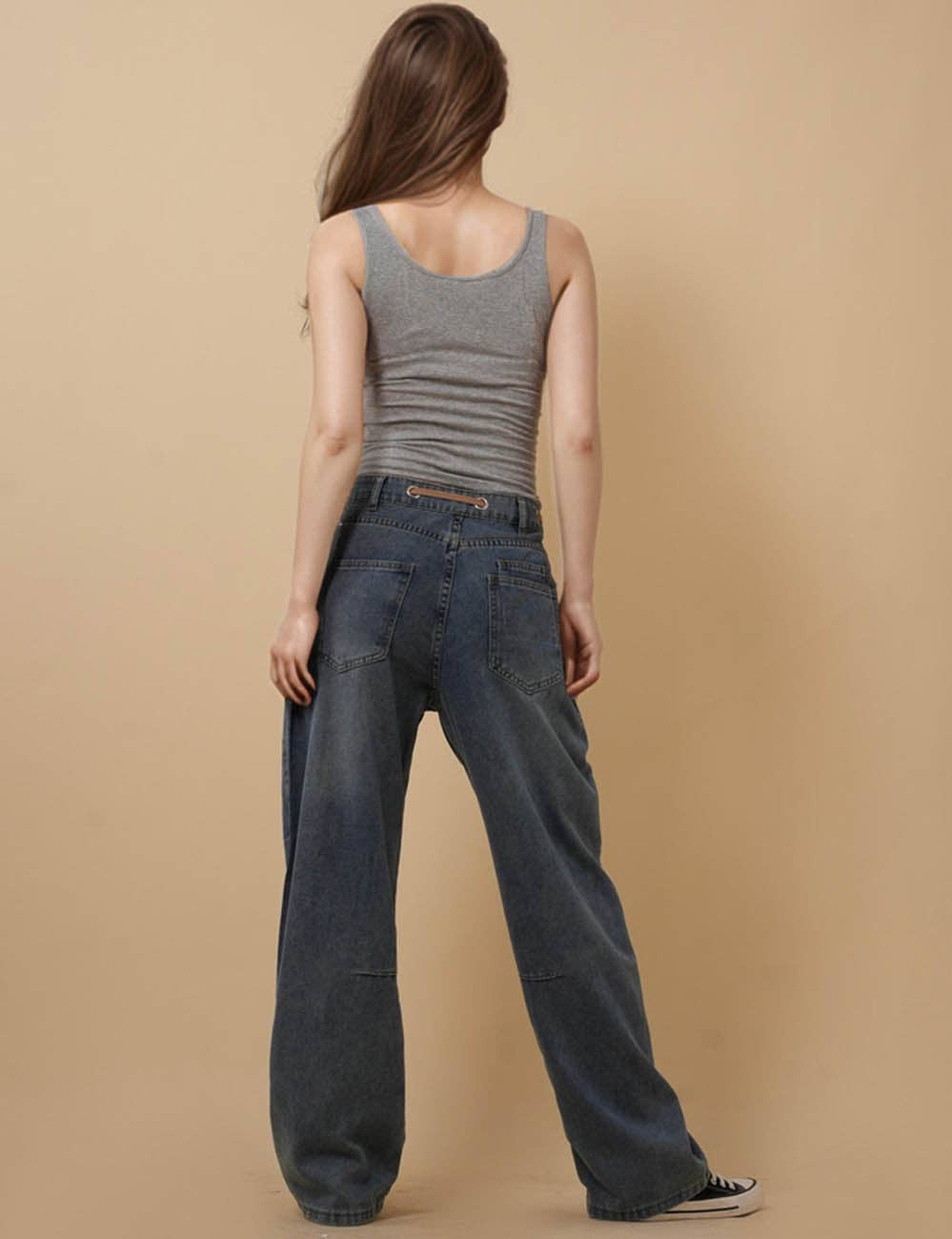 Blue Ladies String Tie Jeans Demin Splice Straight Leg Pants 8SKP50370 for wholesale on Faire4
