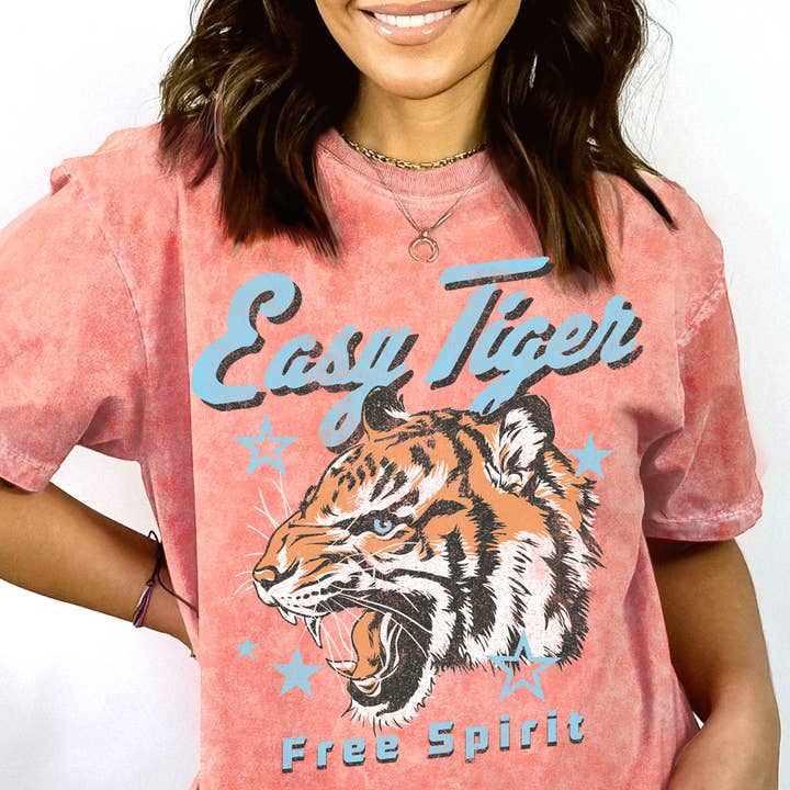 Kvinder Tiger Grafisk Print Mineralvasket Top for engroshandel hos Amused by Blue