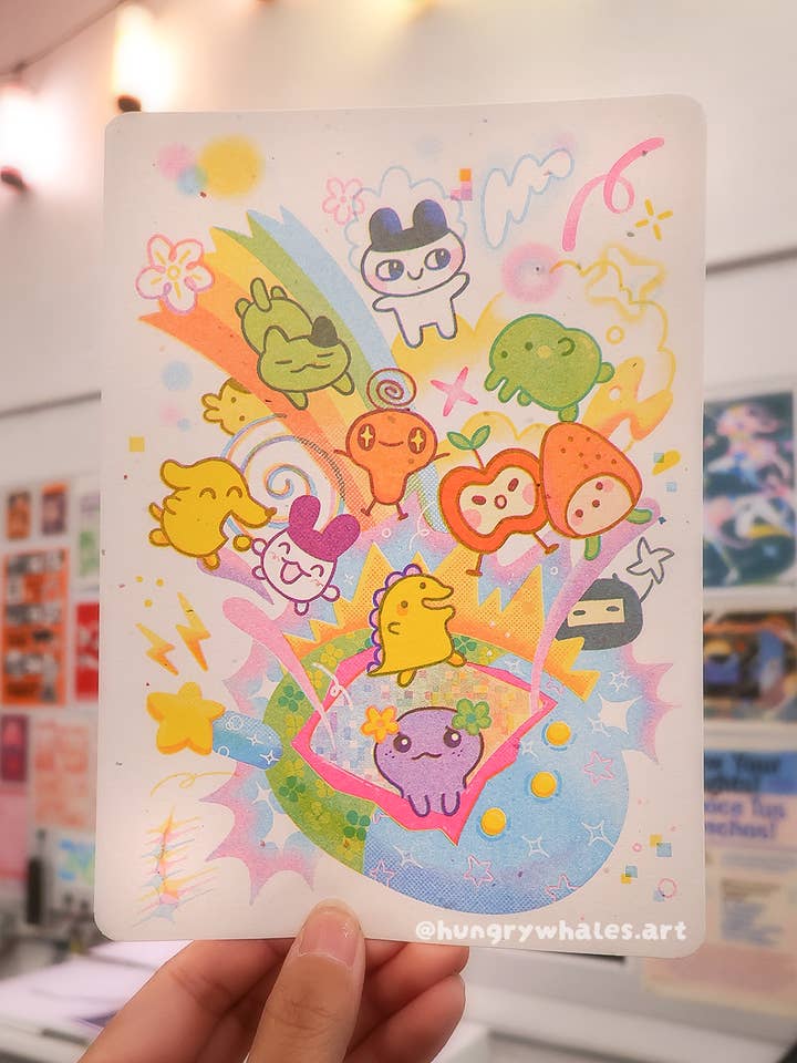 Tamagotchi Risograph Postcard for wholesale by HungryWhales