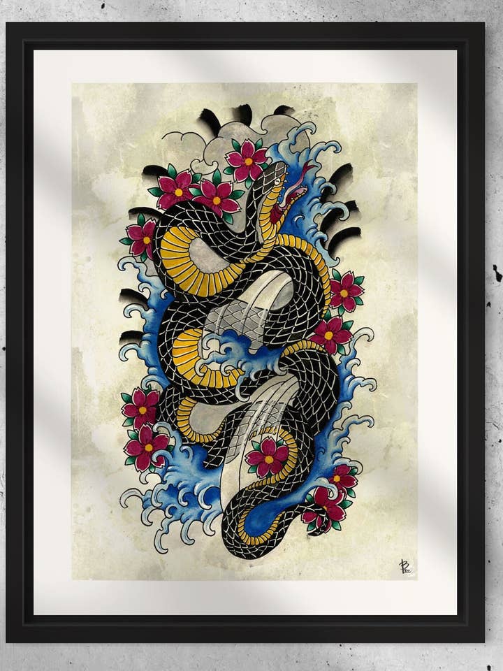 Serpent Cherry Blossom (9x12") Impressão em aguarela - Snake Art por atacado de LOR&INK