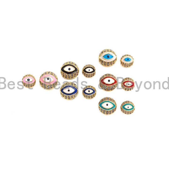 BestBeads&Beyond - Venta al por mayor Cuentas - Cuentas de bola de ojo malvado CZ Micro Pave, acabado dorado, 8 mm/10 mm negro/rosa/azul real/verde lágrima/rojo/azul turquesa, Sku #G425