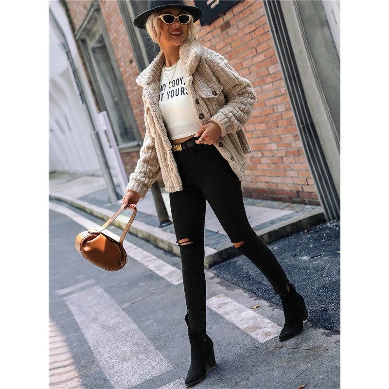 LIGHT COFFEE Double-Sided Fleece Solid Color Lapel Single Breasted Outerwear for wholesale on Faire7