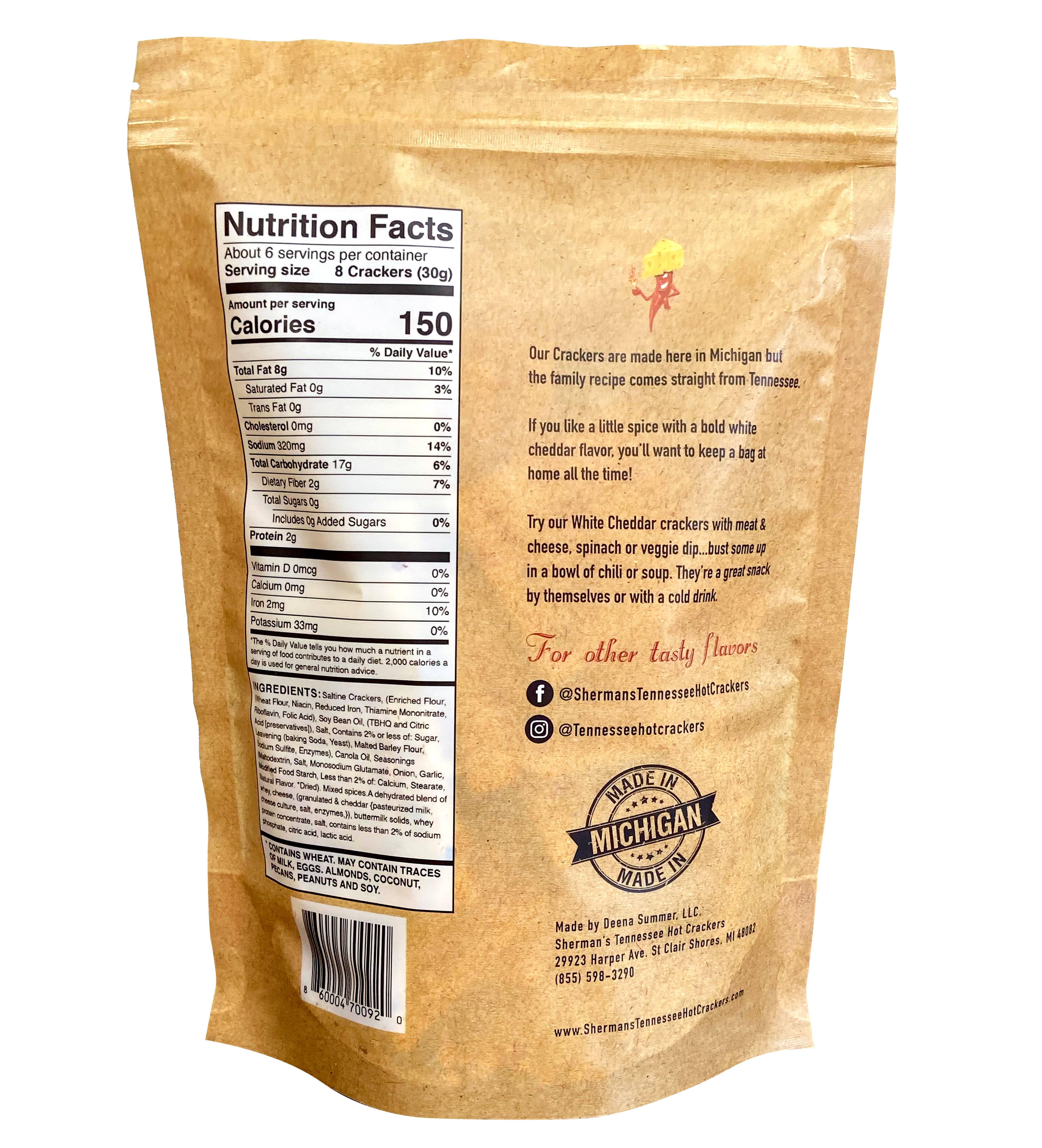 Sherman's Tennessee Hot Crackers – Engroshandel Kiks – Shermans Tennessee Hot Crackers, hvid Cheddar-smag 30 CT6