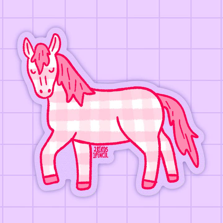 Pink Gingham Pony Vinyl Sticker for wholesale by 2Birds1Pencil Illustrations