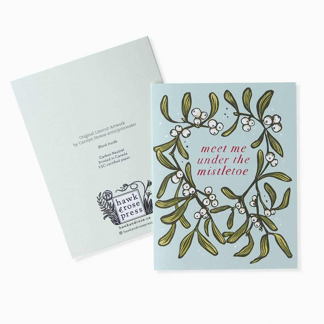 Hawk and Rose Press - Wholesale Season's Greetings Card - 'Mistletoe' Vintage Style Linocut Holiday Card2