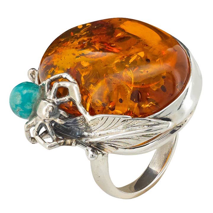 Cognac Amber Turquoise Spider Adjustable Ring for wholesale by Amberman