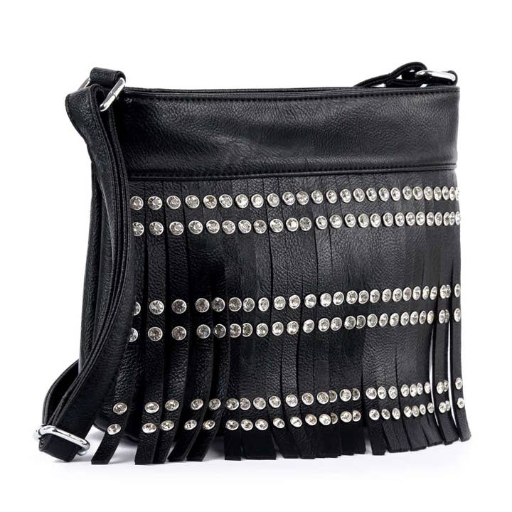 Black Studded Stone Fringed Shoulder Bag for wholesale on Faire