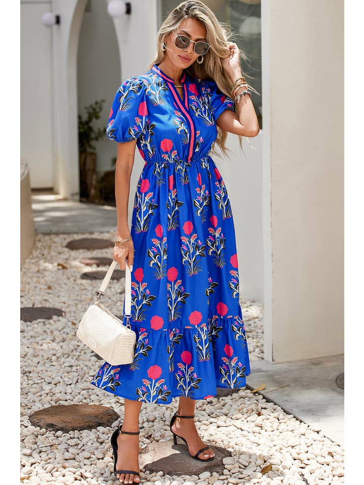 Little Daisy Closet - Wholesale Dress - Women's - LDC Floral Puff Short Sleeve V Neck High Waist Maxi Dress