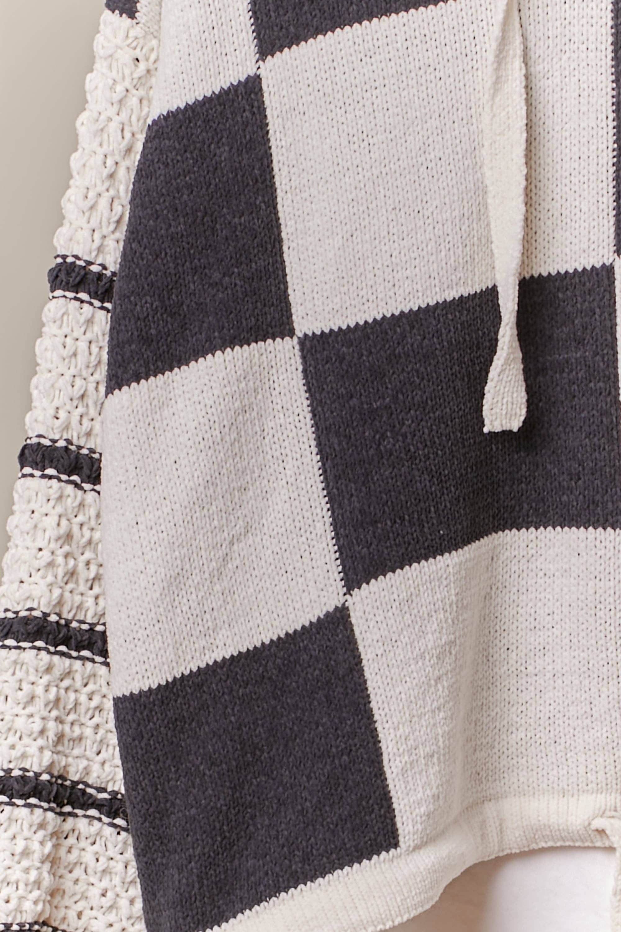 Mello. - Wholesale Knit Sweater - Women's - Hooded Multi Checker Drawstring Sweater7