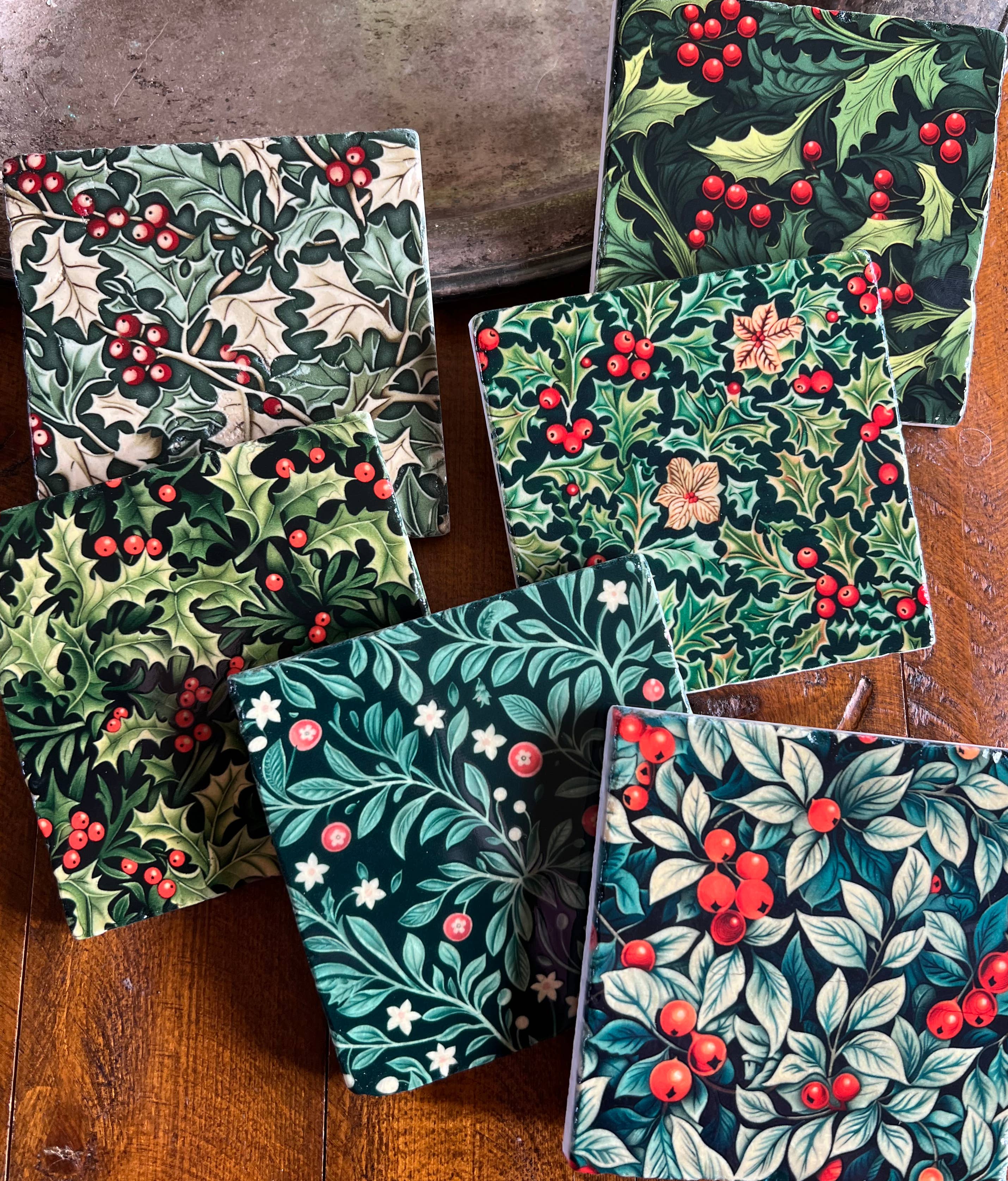 The Painted Lily - Wholesale Coasters - Holiday Holly stone coasters - case of 6