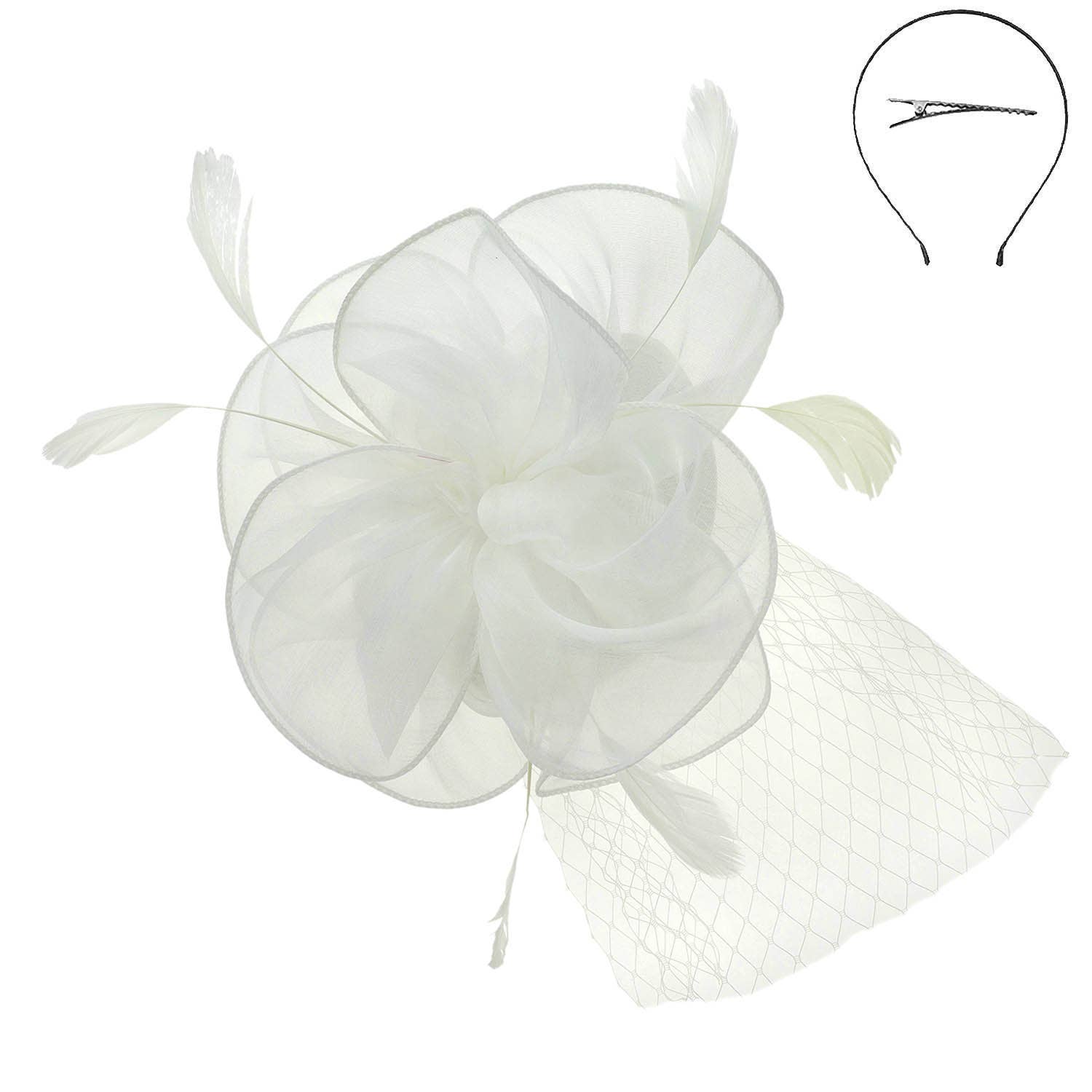 SP Sophia Collection - Wholesale Fascinator Hat - Women's - Baby Feathers & Flower w/ Netted Mesh Fascinator w/ Headband6