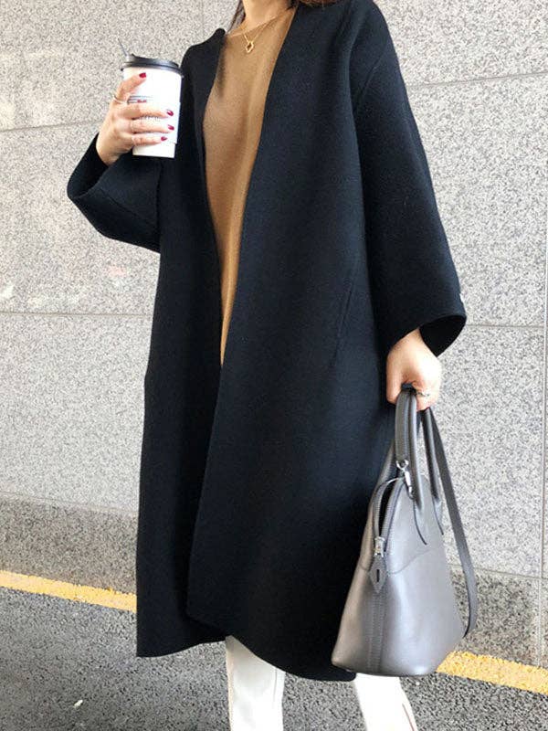 StyleGalX - Wholesale Coat - Women's - Long Sleeves Loose Solid Color Collarless Woolen Coat13