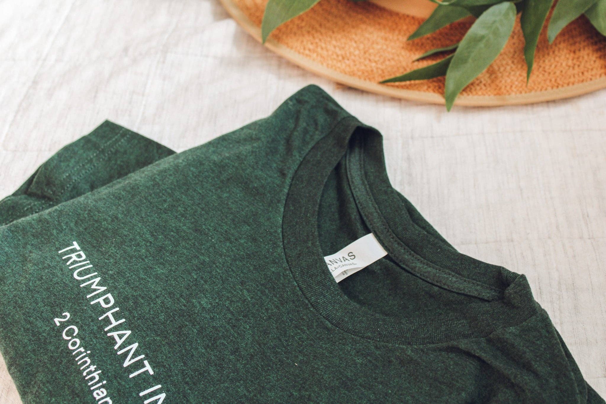 Common Grace Print Shop - Wholesale Screen Printed T-Shirt - Women's - Triumphant in Christ UNISEX Short-Sleeve T-Shirt (Color: Heathered Emerald)6
