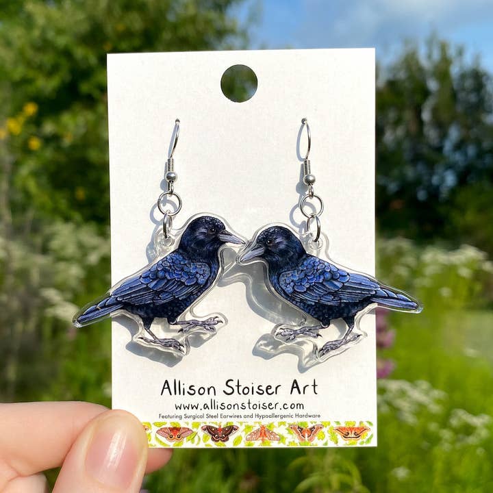 Acrylic American Crow Earrings for wholesale by Allison Stoiser Art
